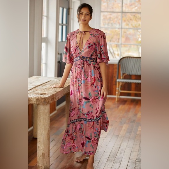 Anthropologie Dresses & Skirts - Anthropologie Ruffled Embroidered Maxi Dress Size XS